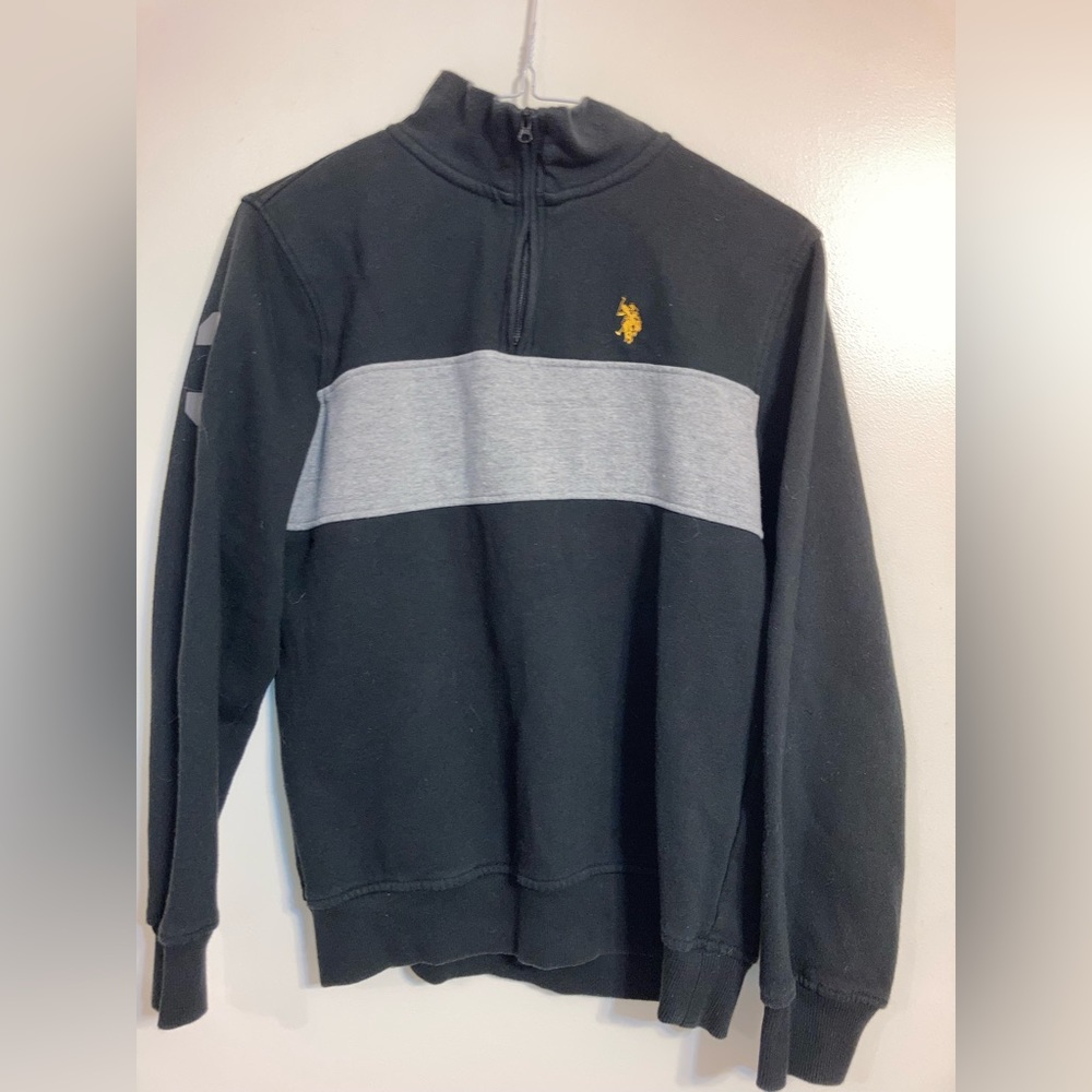 Boys Polo 1/4 zip mock neck pullover, black & gray, size 14/16